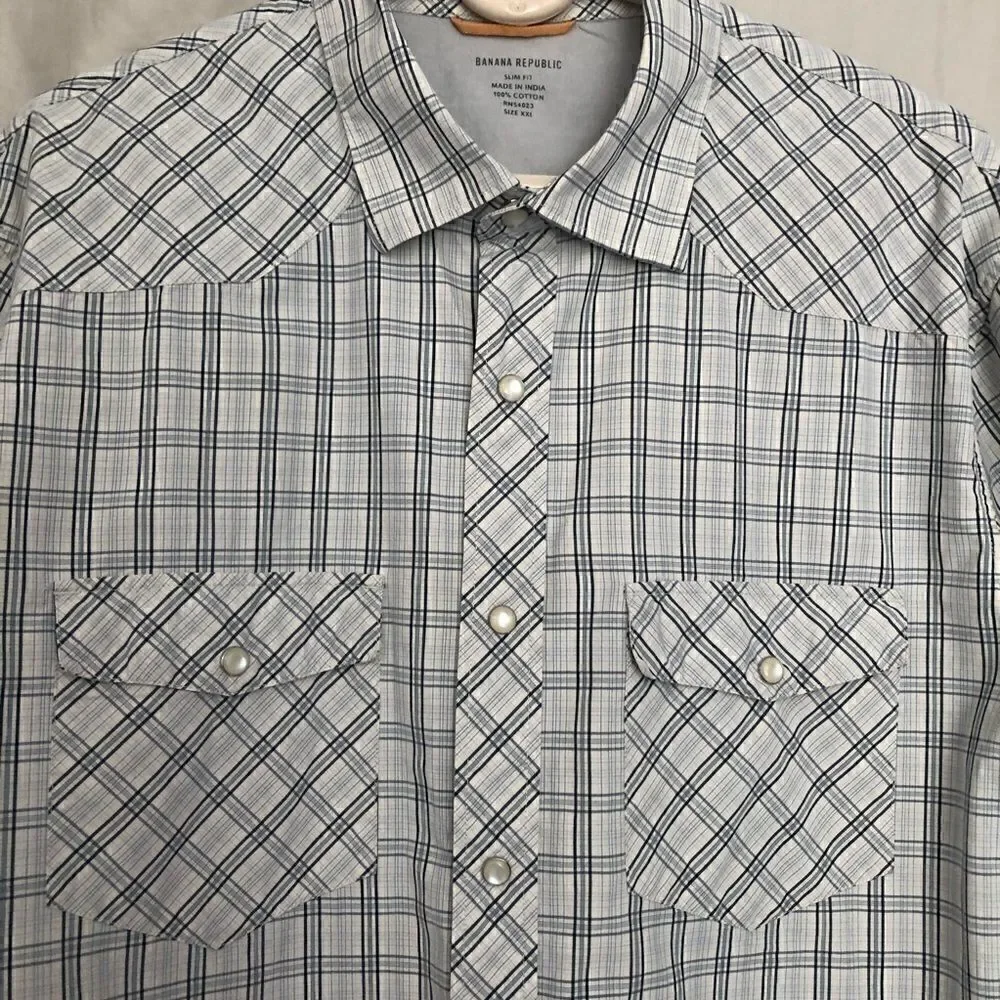 Banana Republic Shirt - Pearl Snaps - Long Sleeve - White/Blue - Western Style